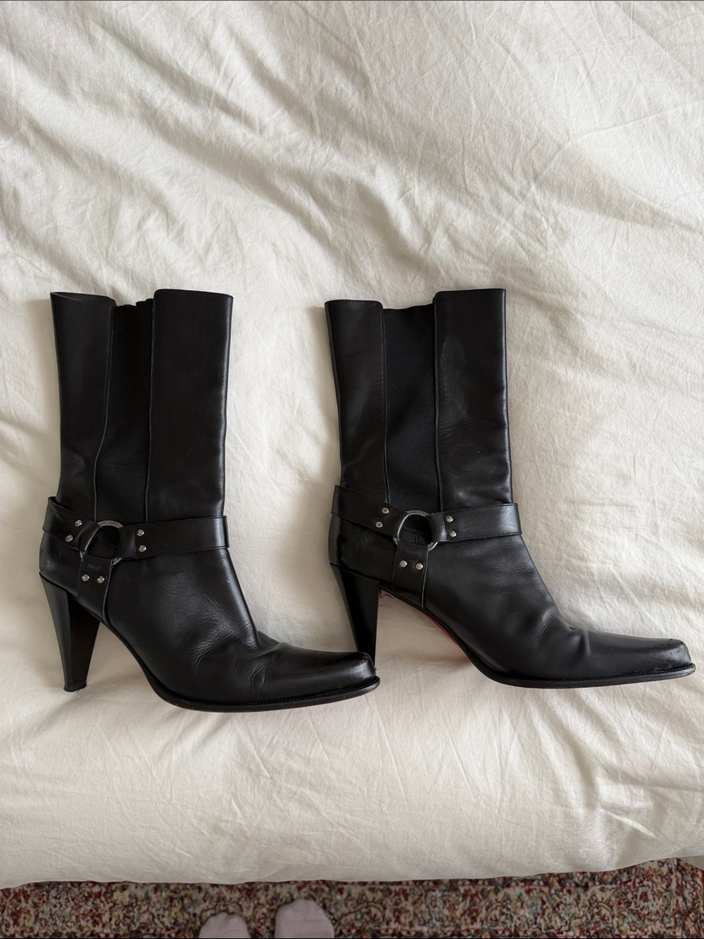 Donald J. Pliner Black Pointed-Toe Mid-Calf Leather Heeled Boots